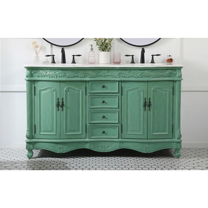 Elegant Kitchen and Bath 60 inch double Bathroom vanity in vintage mint