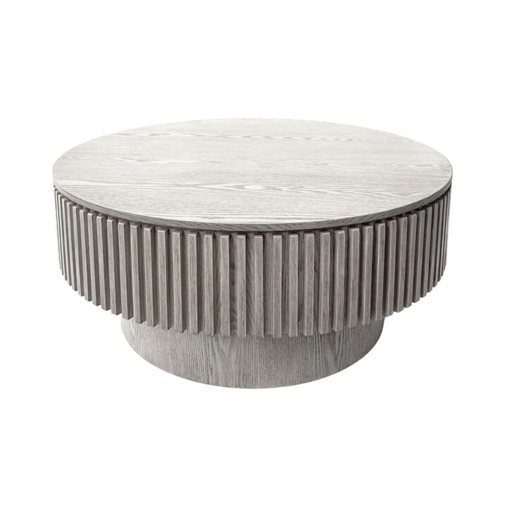 Round coffee table with storage Solid wood veneer and MDF coffee table with fluted base Modern accent coffee table for small spaces