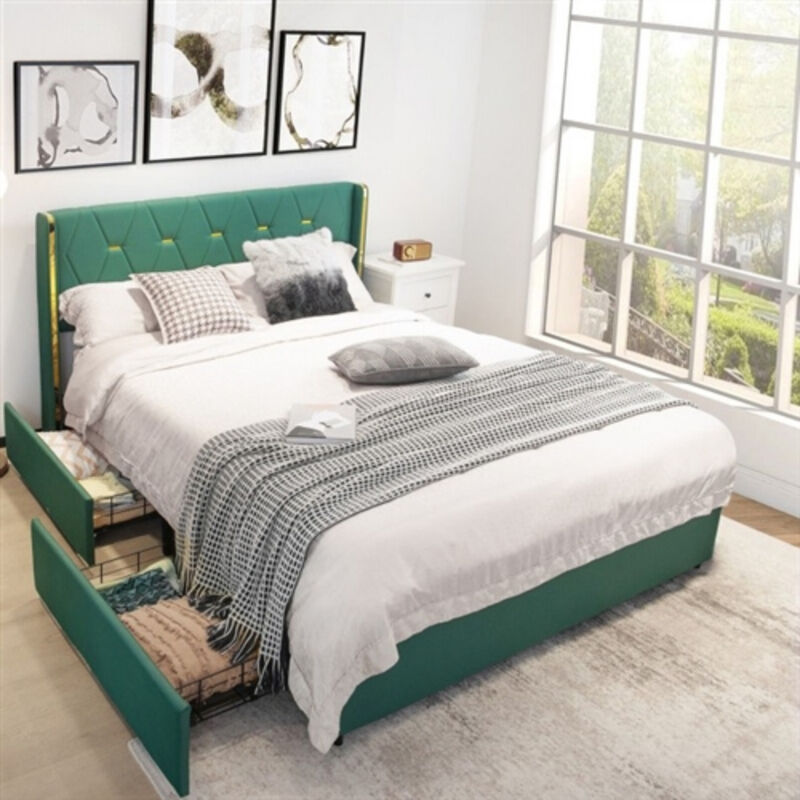Linen Headboard 4 Drawer Storage Platform Bed