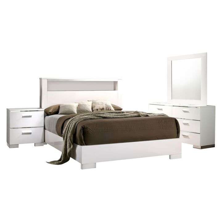 Aman 4pc Queen Bedroom Set, LED Headboard with Shelf, White Wood