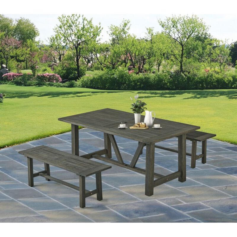 Best Quality Furniture Rustic Gray Outdoor Dining Set - Acacia Wooden Table with 2 Wood Benches