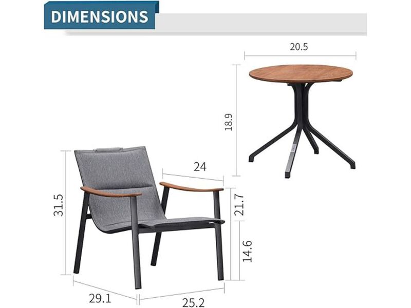 Accent Chair Set &ndash; 2 Dark Grey Metal Armchairs with Teak Arms & Table, Indoor/Outdoor image number 1