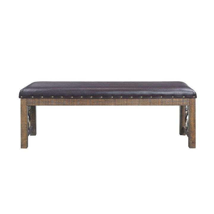 Ral 56 Inch Solid Wood Padded Bench, Metal Scroll Design, Nailhead, Brown-Benzara