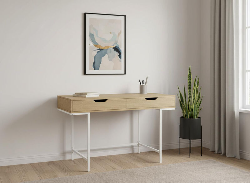 HomeRoots 47" Natural and White Wood and Metal H-Shape Computer Desk With Two Drawers image number 1