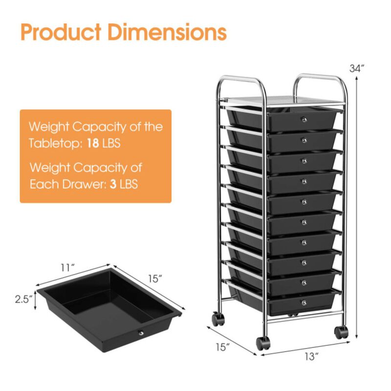Hivvago 10 Drawer Rolling Storage Cart Organizer with 4 Universal Casters