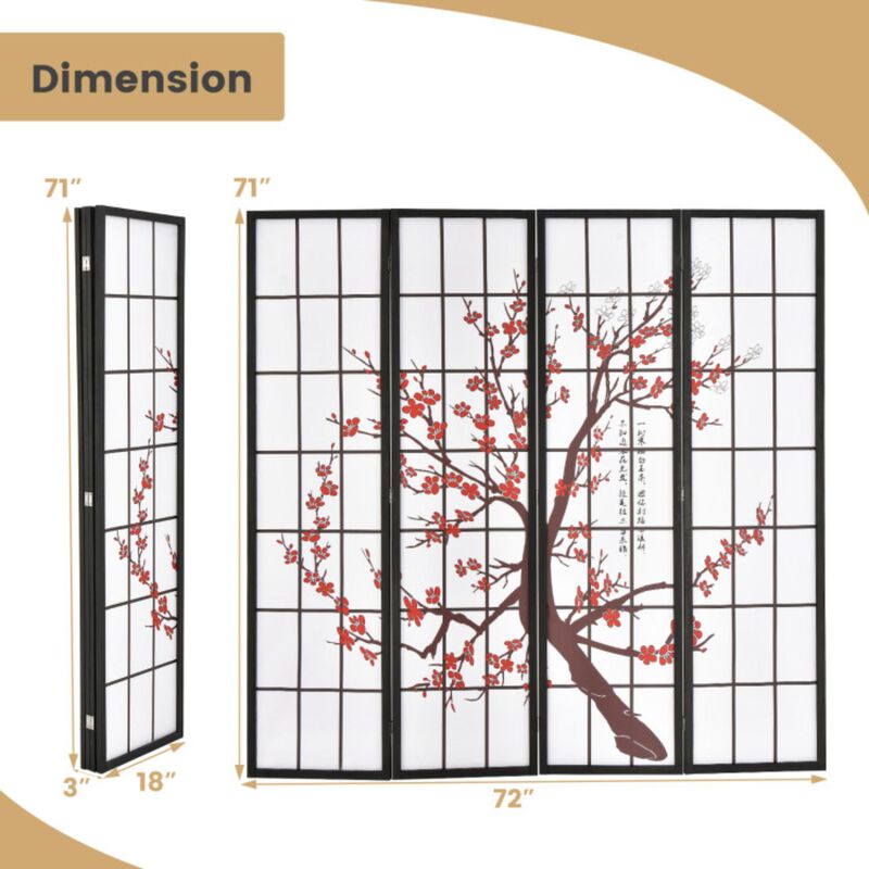 Hivvago 6 Feet Folding Decorative Oriental Privacy Screen with Plum Blossom Design