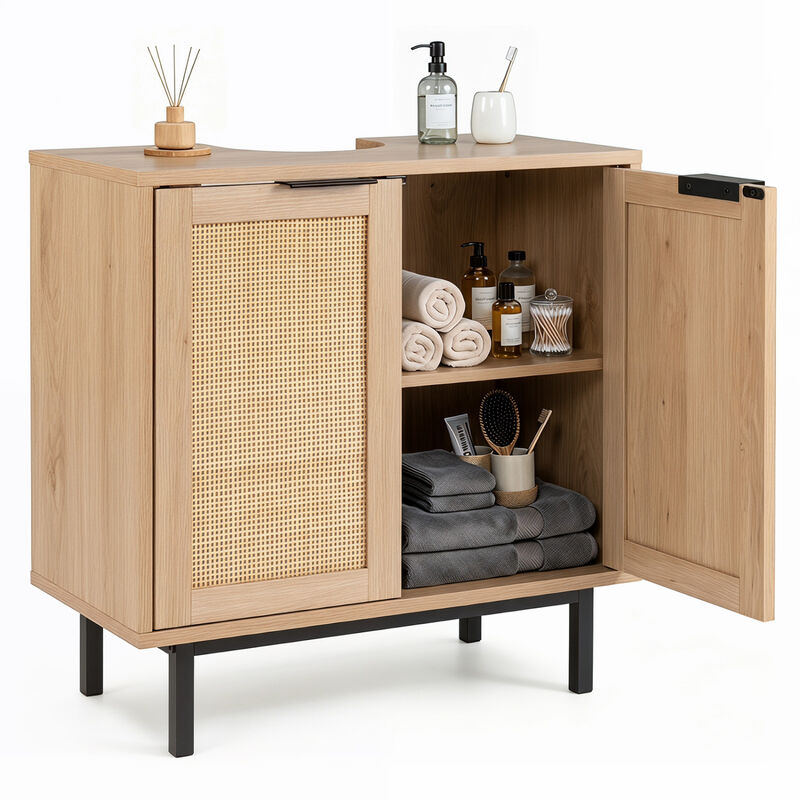 Modern Bathroom Vanity Cabinet with Rattan Doors and Cut-Out image number 3