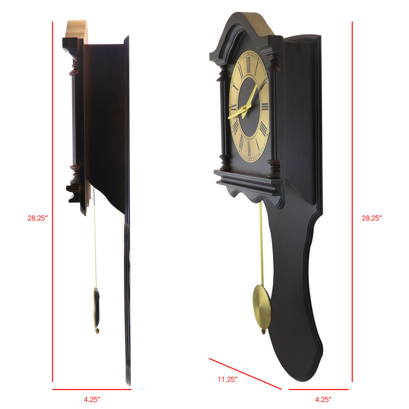 Bedford Clock Collection 27.5 Inch Wall Clock with Pendulum and Chimes in Chocolate Brown Oak Finish
