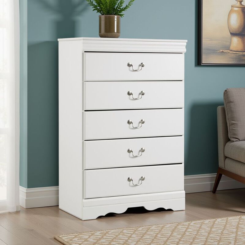 Roso Tall Dresser Chest, Classic White, 5 Drawers Pewter Metal Handles