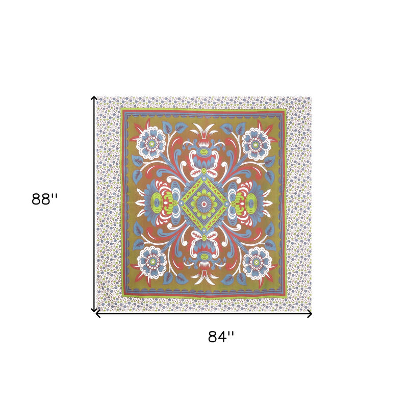 HomeRoots 88" X 84" Green Red And White Floral Cotton Hanging Tapestry image number 4