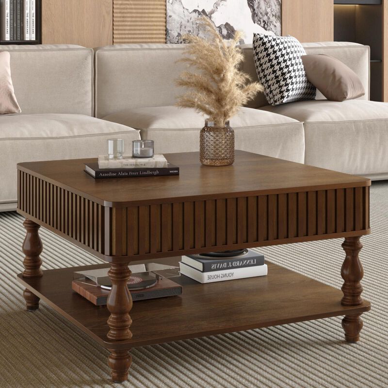 31.5 Inch Modern Square Lift-Top Coffee Table with Hidden Storage Tray, Fluted Wood Design, Wooden Living Room Center Table image number 2