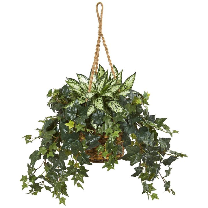 Nearly Natural 30-in Silver Queen and Ivy Artificial Plant in Hanging Basket