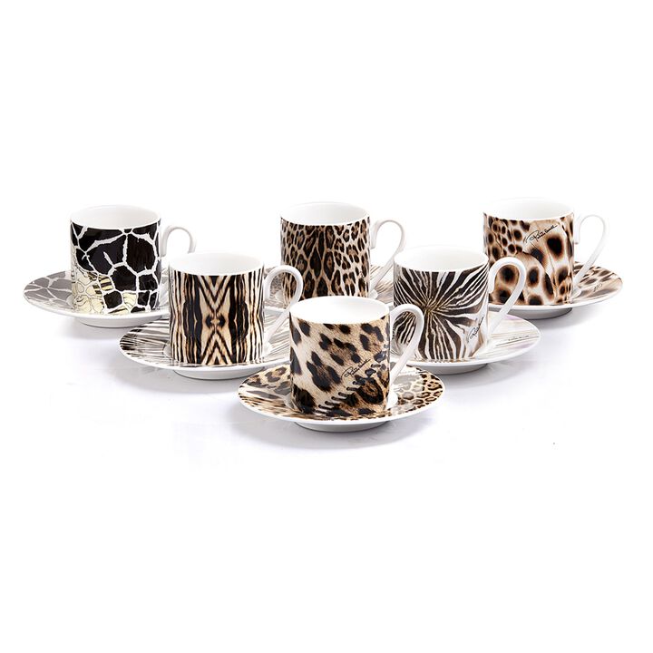 Coffee Cup & Saucer AFRICA Set of 6 in Luxury Box  diam. 2.3", H 2.5", Cap. 4 oz, Saucer diam. 4.75"