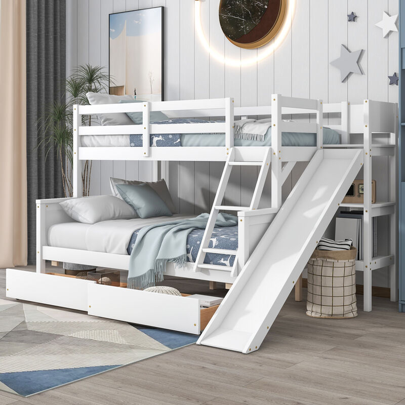 Twin over Full Bunk Bed with 2 Drawers, Slide, Shelves White