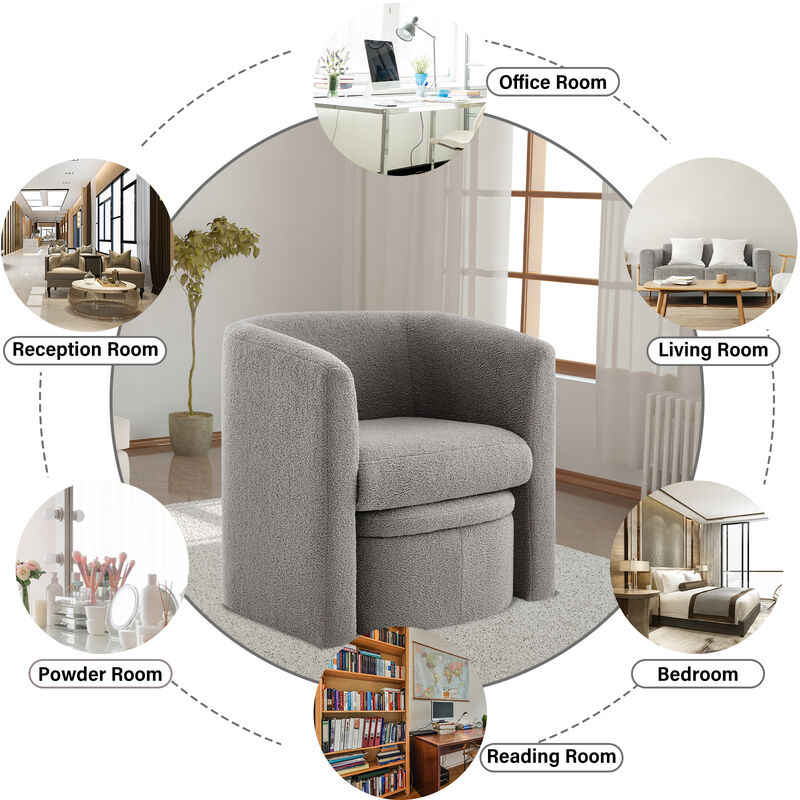 Upholstered Sherpa Barrel Chair with Storage Ottoman Set, Modern Single Sofa Accent Lounge Chair, Armchair for Living Room Bedroom Office
