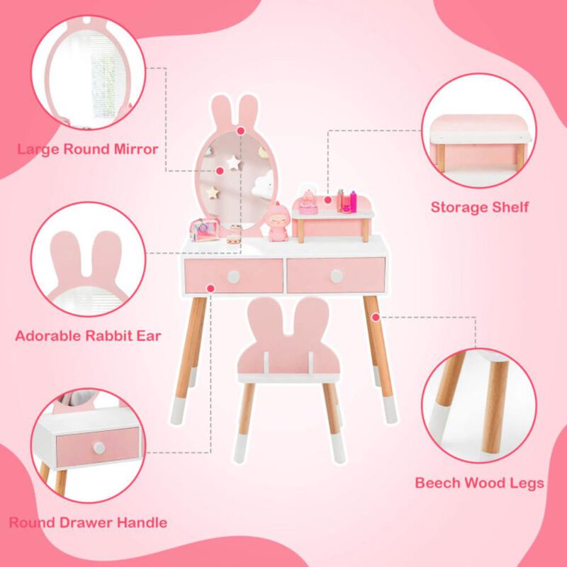 Hivvago Kids Vanity Table and Chair Set with Drawer Shelf and Rabbit Mirror