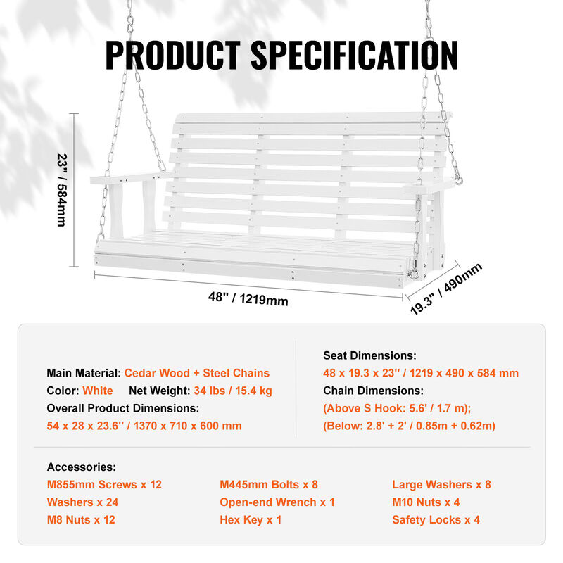 Outdoor Swing Bench &ndash; Wooden Porch Swing with Chains, Deck, or Patio Use