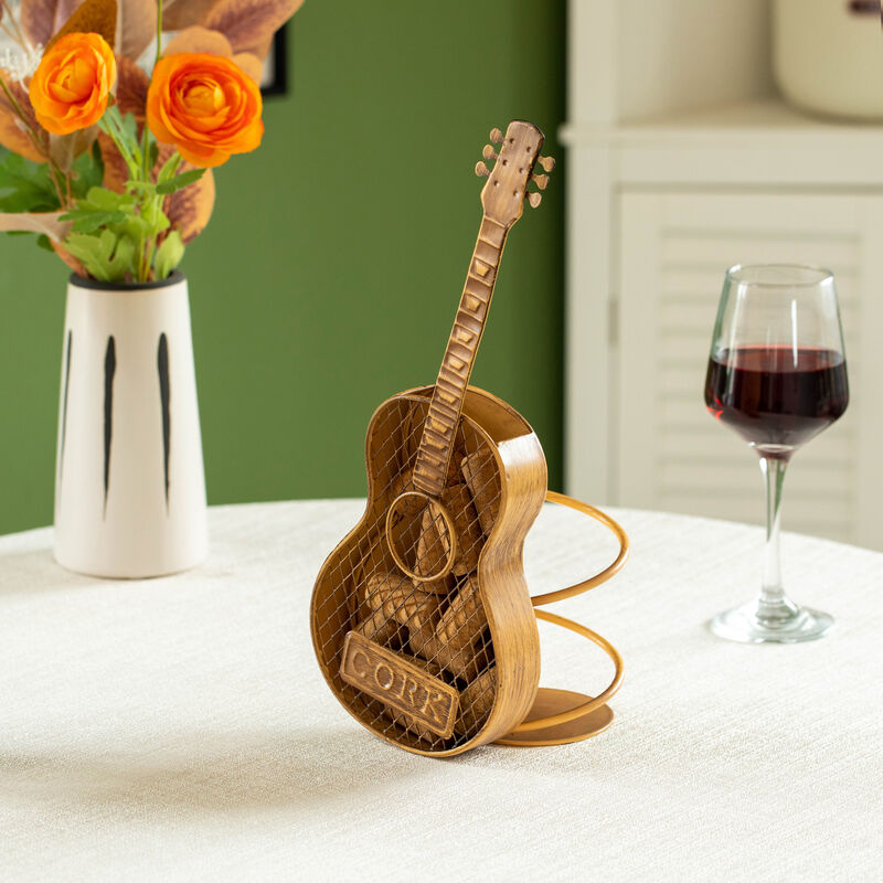 Vintiquewise Decorative Metal Guitar Shape Wine Bottle and Cork Holder – A Unique Home Decor Piece and Countertop Accessory for Kitchens, Bars, and Dining Rooms, Great Collection for Wine Lovers