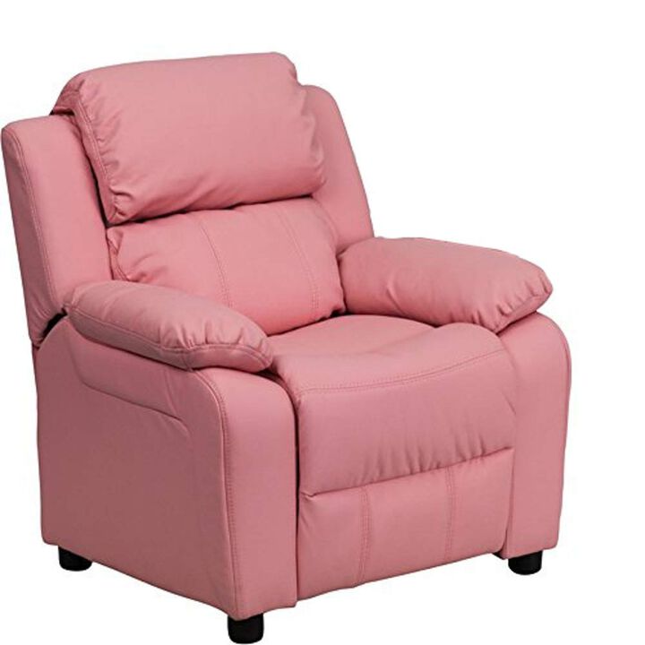 Flash Furniture Charlie Vinyl Kids Recliner with Flip-Up Storage Arms and Safety Recline, Contemporary Reclining Chair for Kids, Supports up to 90 lbs., Pink