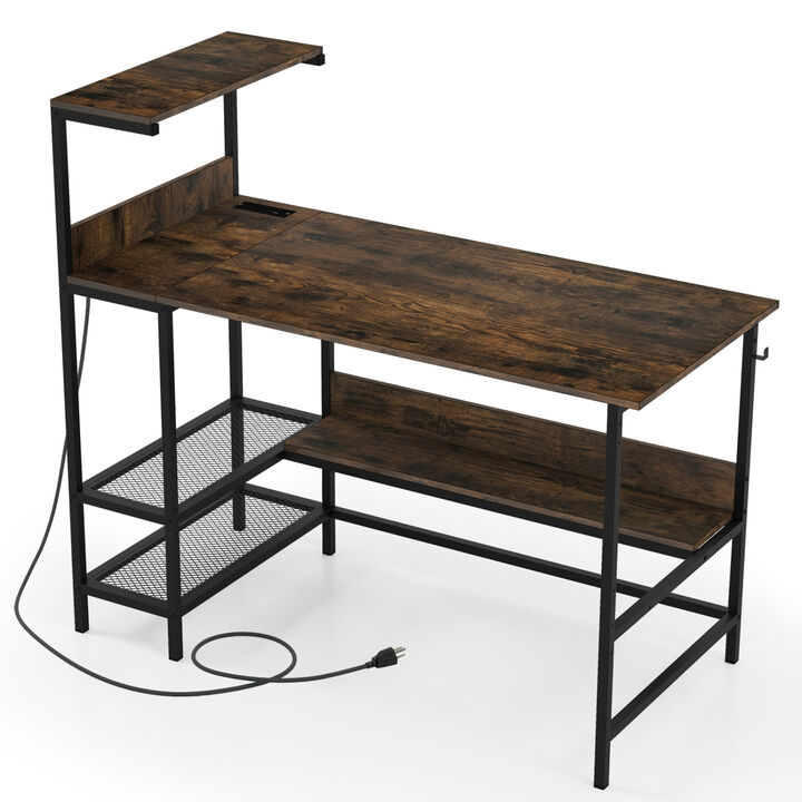 Computer Desk with Built In Power Outlets and Shelves for Home Office