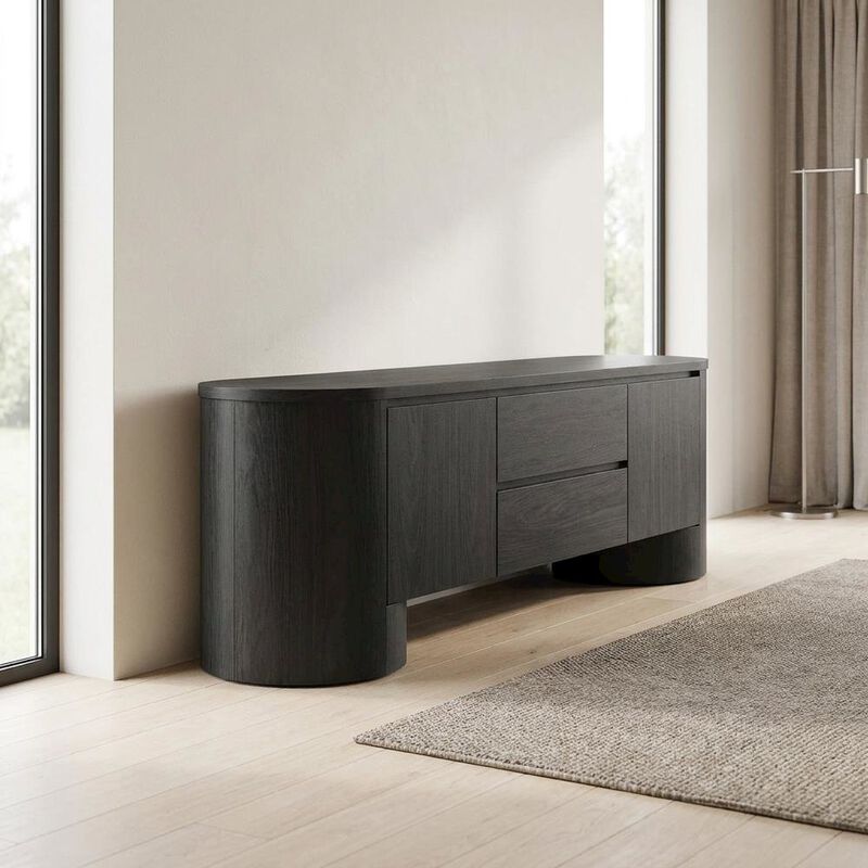 Oval Entertainment Center TV Console Cabinet with Storage and Drawers, Light Oak image number 3