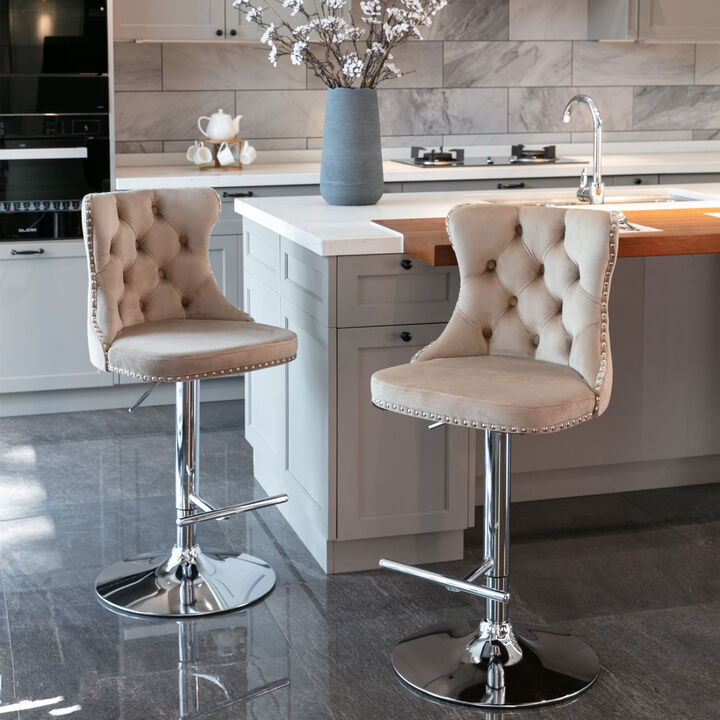 Streamdale Adjustable Khaki Velvet Bar Stools, Set of 2