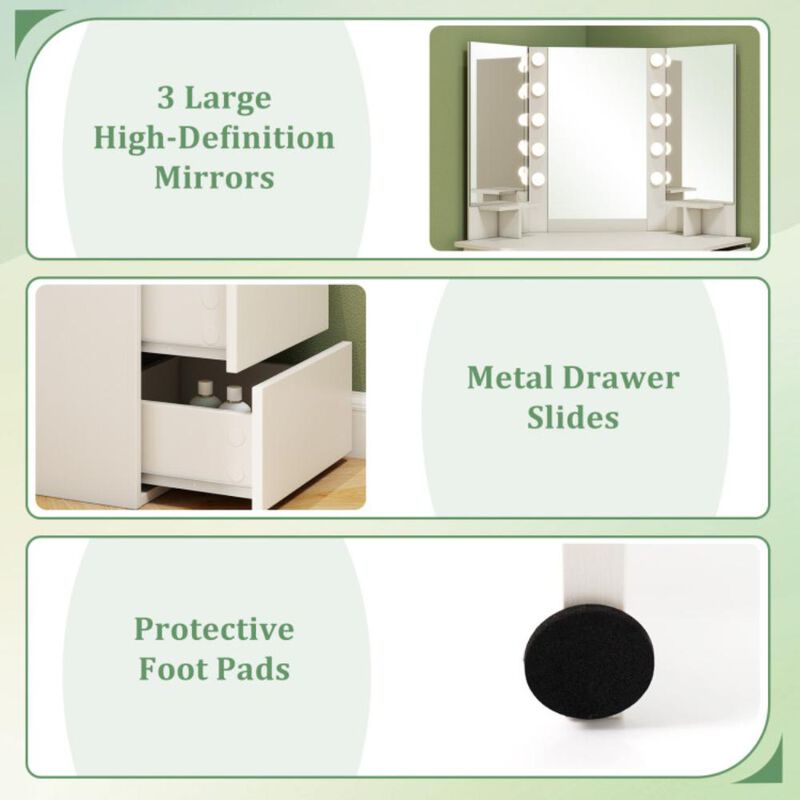 Hivvago Corner Vanity Desk with 3-Color LED Lighted Mirror and Power Outlet