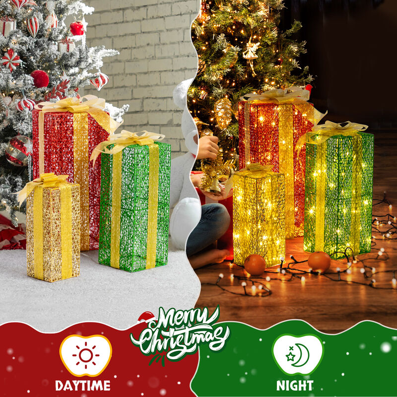 Lighted Gift Boxes Set of 3 &ndash; Pre-Lit Present Decor with 90 Warm White LEDs for Indoor & Outdoor