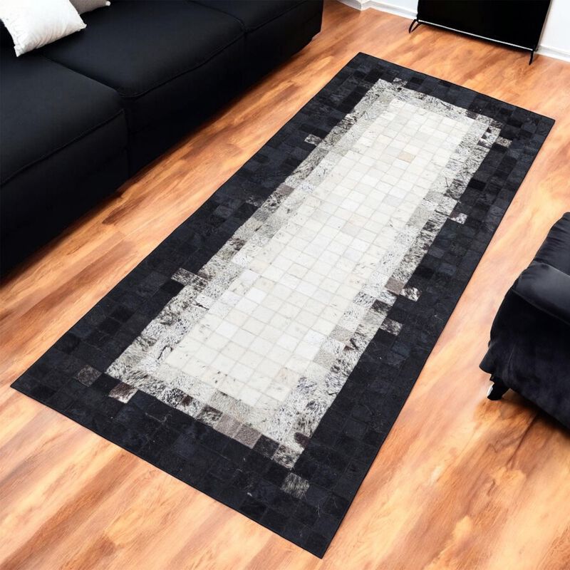White & Grey Cowhide Rug with Black Border image number 2