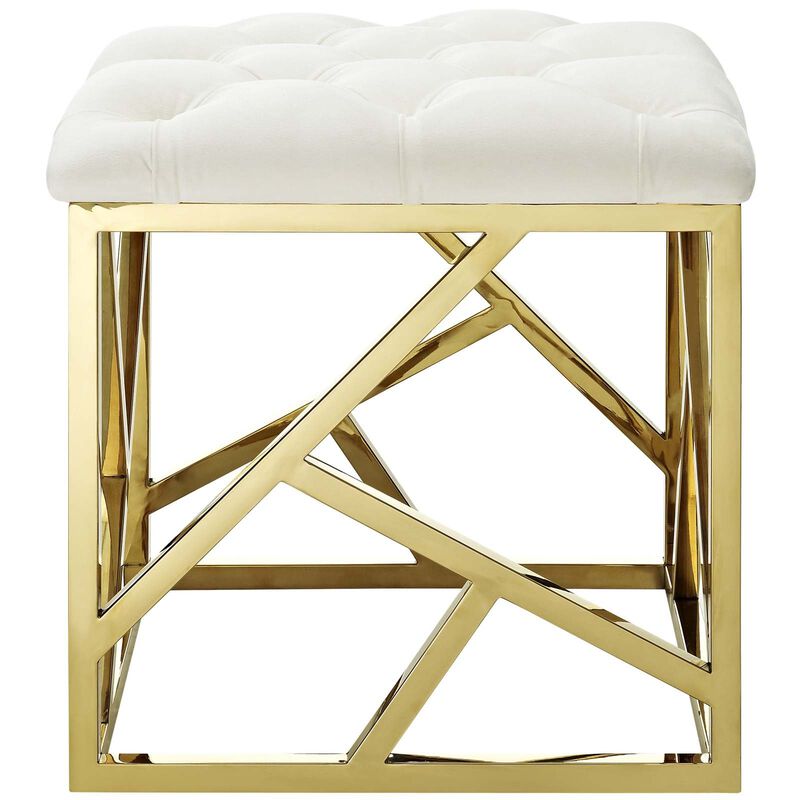 Modway Intersperse Tufted Modern Ottoman With Gold Stainless Steel Geometric Frame In Gold Ivory