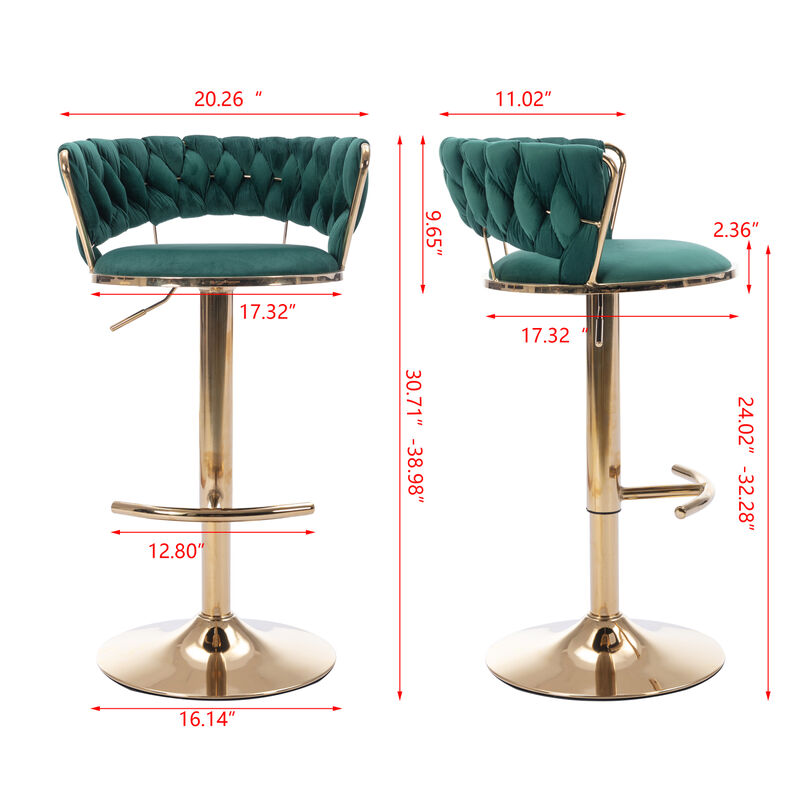 Set of 2 Bar Stools, with Chrome Footrest and Base Swivel Height Adjustable Mechanical Lifting Velvet + Golden Leg Simple Bar Stool-Green
