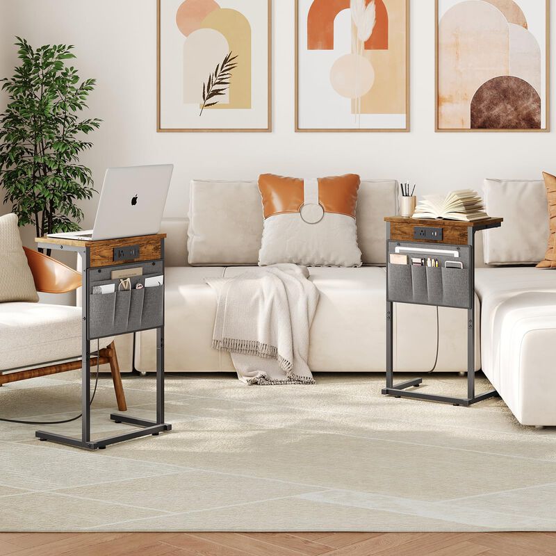 HOOBRO C Shaped End Table Set of 2 with Charging Station, 28"" Tall Couch Table for Couch and Recliner for Small Spaces, Slide U
