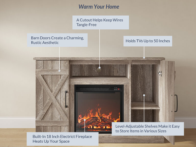 BELLEZE 47" TV Stand with 18" Electric Fireplace Heater & Media Entertainment Center Console Table for TV up to 50" with Open Storage Shelves & Cabinets - Veropeso