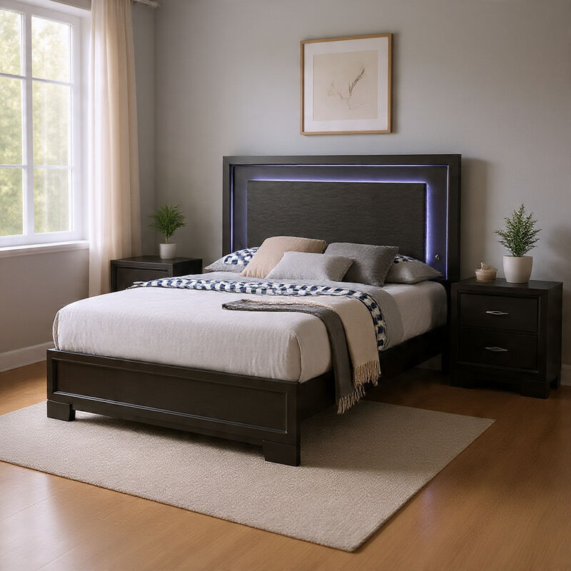 Queen Bedroom Set, Dark Gray, Metallic Gray Wood, 3 Piece Set with 2 Nightstands image number 8