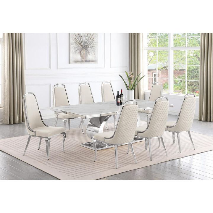 Best Quality Furniture 9pc Large(87) marble top dining set with silver base and 8 Cream side chairs