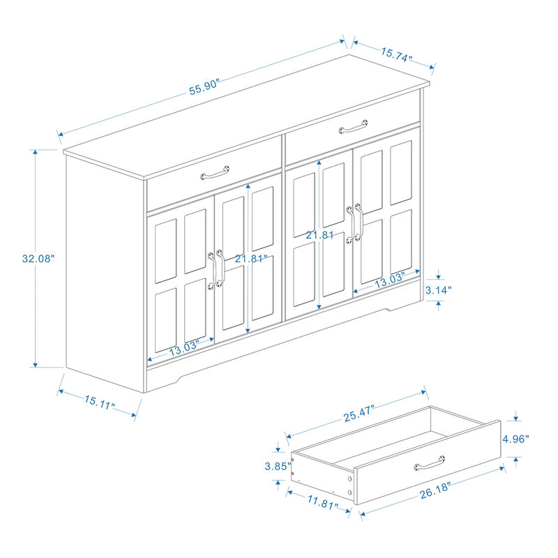 White Wood 55.91 in. Sideboard with Shaker Style Design Doors