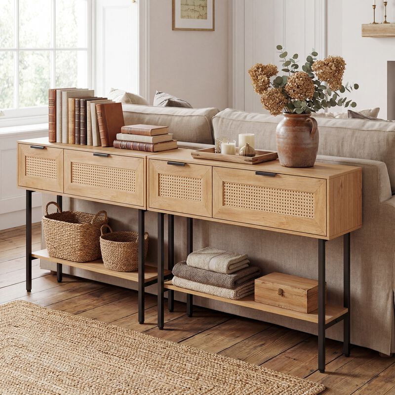 Rattan Entryway Console Table with Storage Cabinets Shelf and Metal Frame image number 6