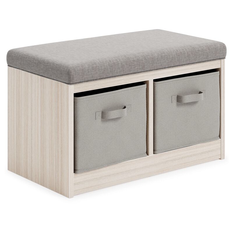 Storage Bench with Cushioned Top and 2 Fabric Baskets, Gray-Benzara