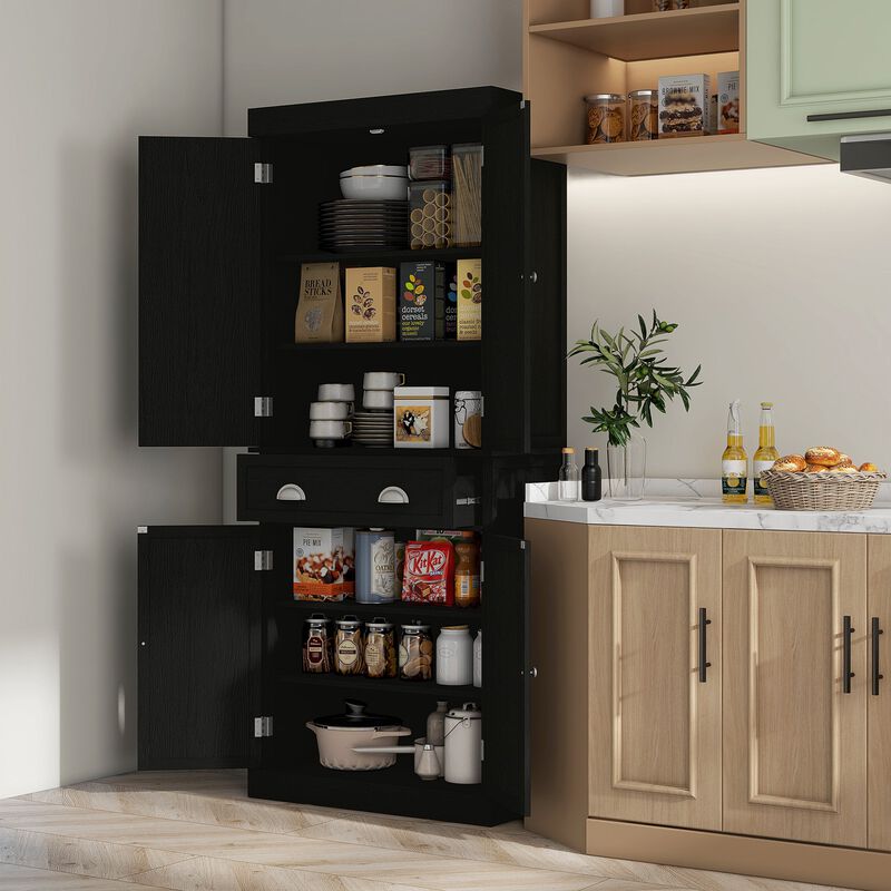 Black Kitchen Pantry: 72" Cabinet with Doors and Shelves