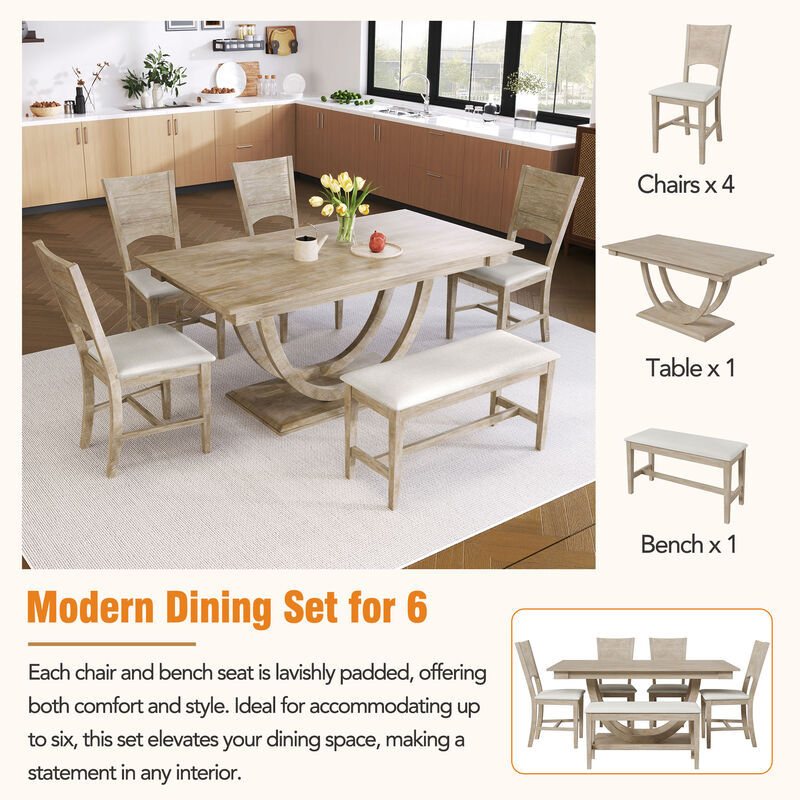 Whisen Modern 6-Piece Wood Half Round Legs Dining Set with 4 Upholstered Chairs and Long Bench - Gray
