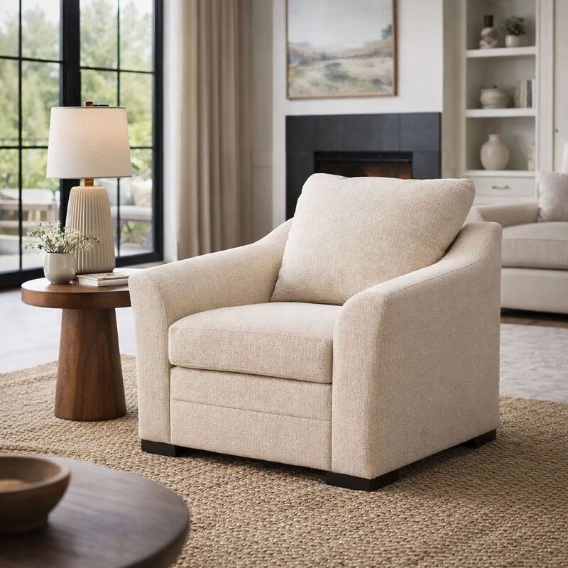 Jimy Sofa Armchair, Flared Arms and Reversible Cushions, Ivory Polyester image number 6
