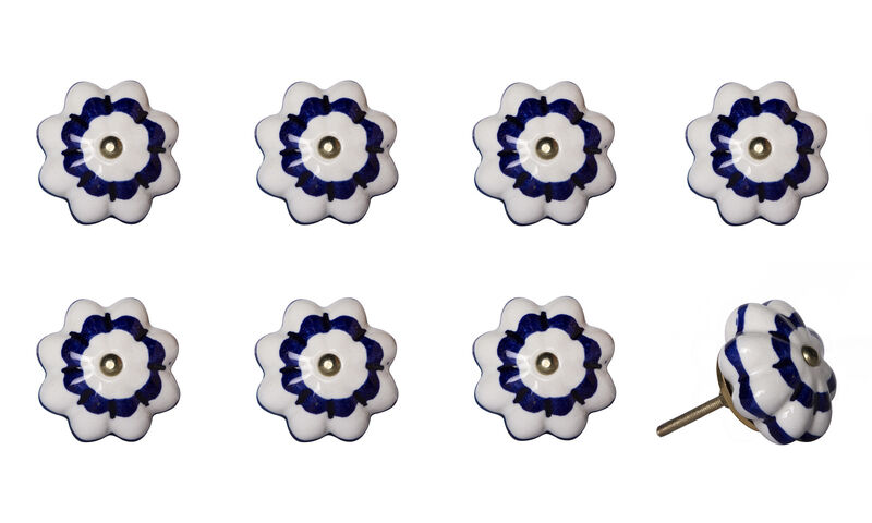 HomeRoots Set of Eight Blue And White Ceramic And Metal Drawer Pull Knobs image number 3