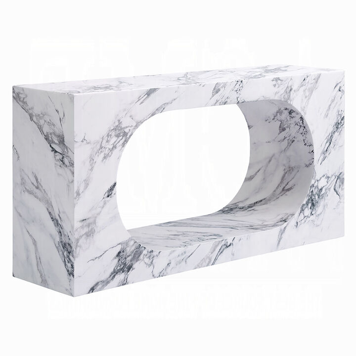 Ritzy Console Table, White Marble Faux Stone, Modern Design, 59 Inch