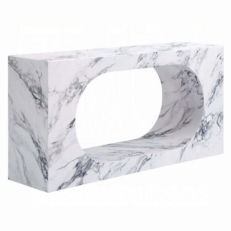 Ritzy Console Table, White Marble Faux Stone, Modern Design, 59 Inch