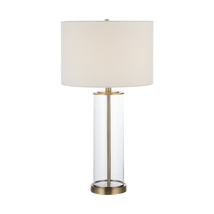 Renwil Saco 28 Tall Satin Brass Glass Table Lamp With Drum Linen Shade (Set Of 2)