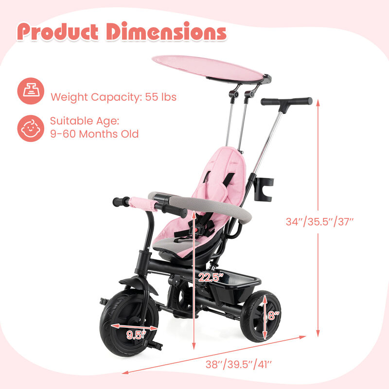 7-in-1 Baby Stroller Tricycle with Adjustable Canopy and Foldable Footrests image number 2