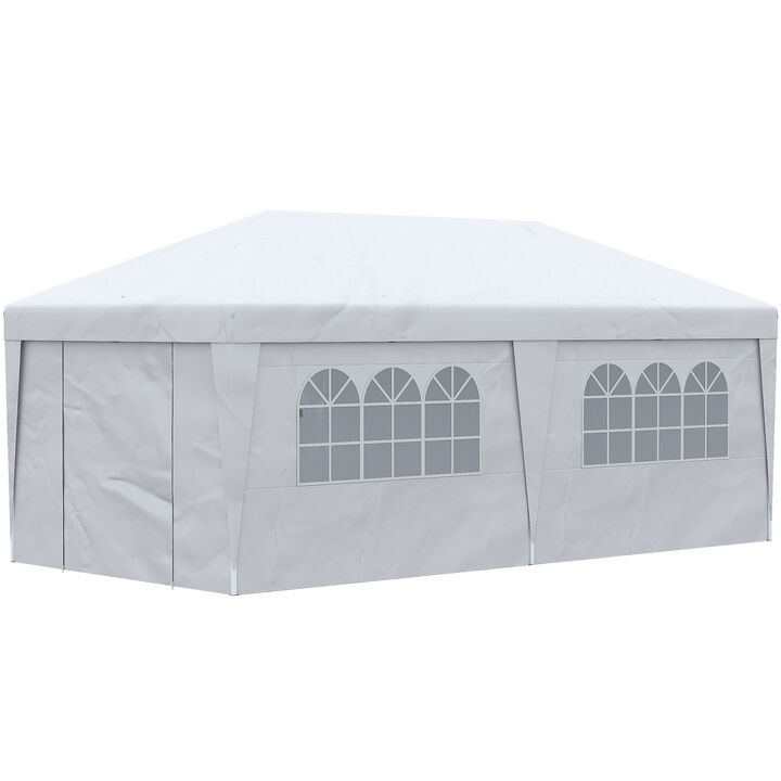 Outsunny 10' x 19.5' Pop Up Canopy Tent with Sidewalls, Height Adjustable Large Party Tent Event Shelter with Leg Weight Bags, Double Doors and Wheeled Carry Bag, for Garden, Patio, White