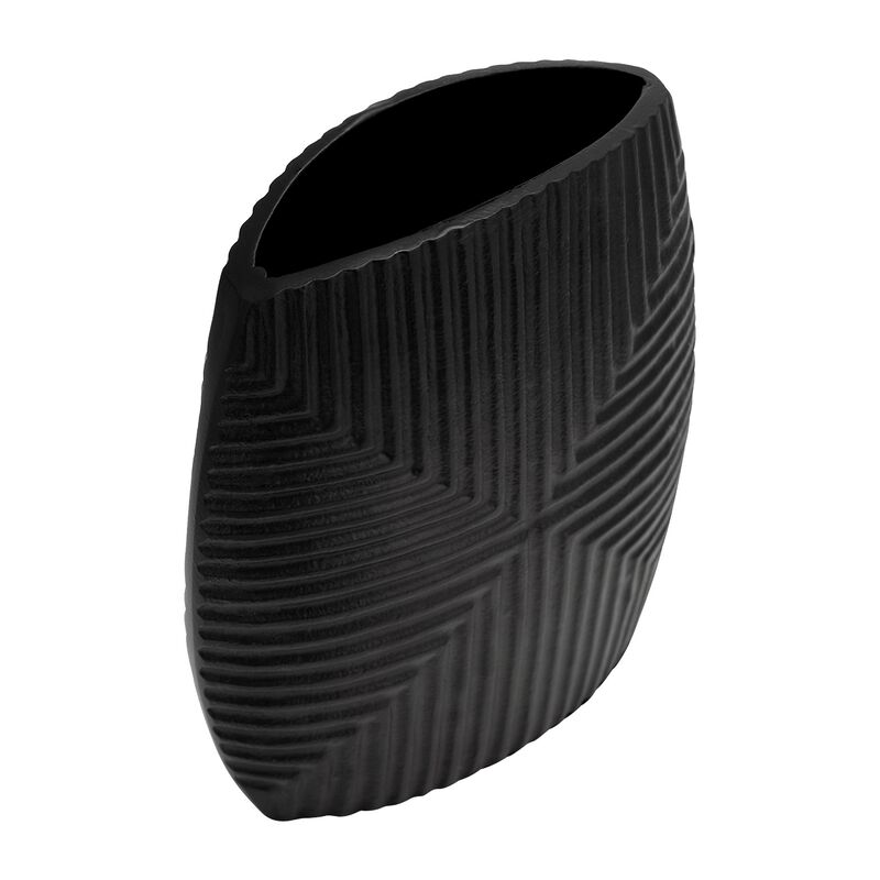 Ako 10 Inch Vase, Metal Ribbed Body Design, Curved Top, Matte Black Finish - Benzara