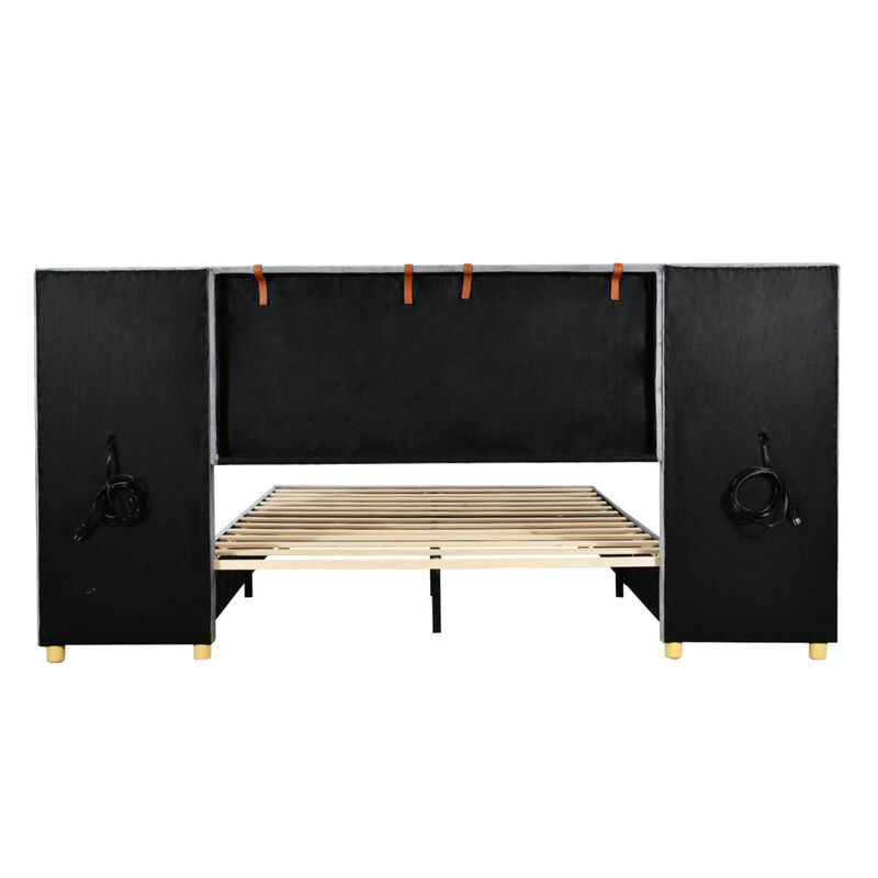 Merax Velvet Platform Bed  with Built-in Pillows