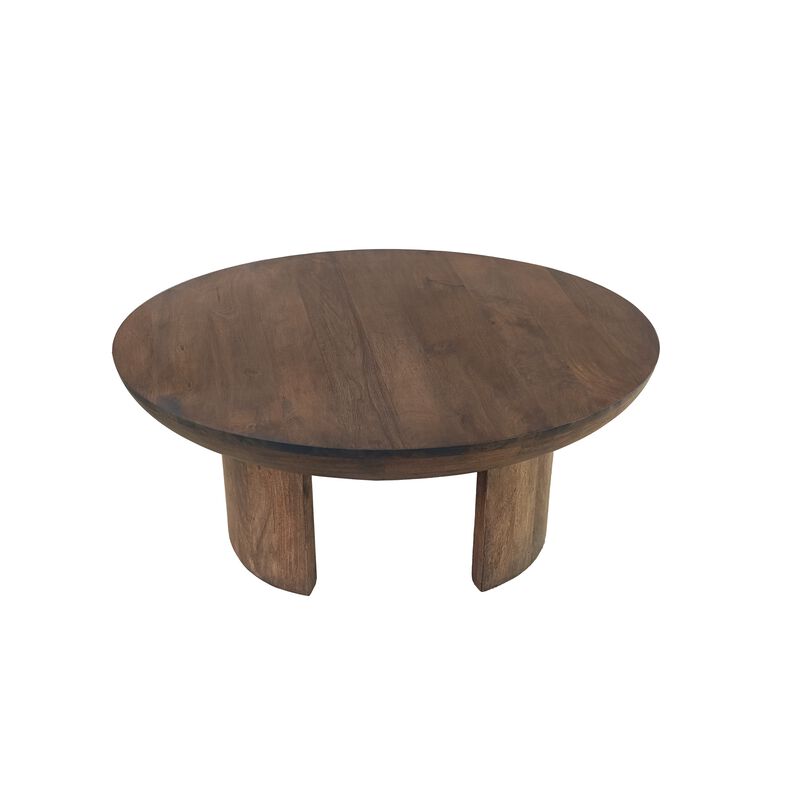 35 Inch Coffee Table, Handcrafted Round Mango Wood Top, Modern Curved Tripod Legs, Walnut Brown - Benzara